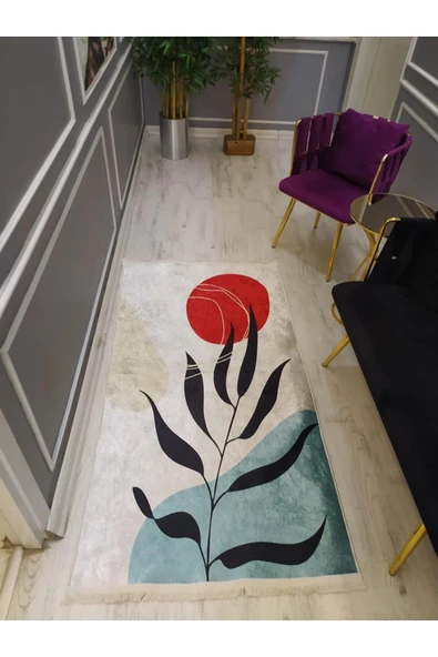 Kaymaz Tabanlı Yıkanabilir Minimal Çiçek Dalı Desenli Dot Taban Halı Kırmızı-Mavi 140 X 200