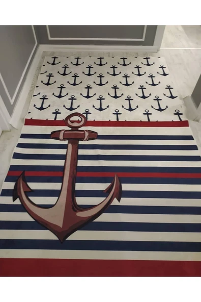 Kaymaz Tabanlı Leke Tutmaz Yıkanabilir Gemi Çapası Desenli Dot Taban Halı Çocuk Halısı Drk8088-7 LACİVERT-BEYAZ 160 X 230