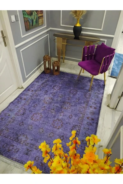 Kaymaz Tabanlı Yıkanabilir Mor Zemin Eskitme Desenli Dot Taban Halı Mor 140 X 200 - 4