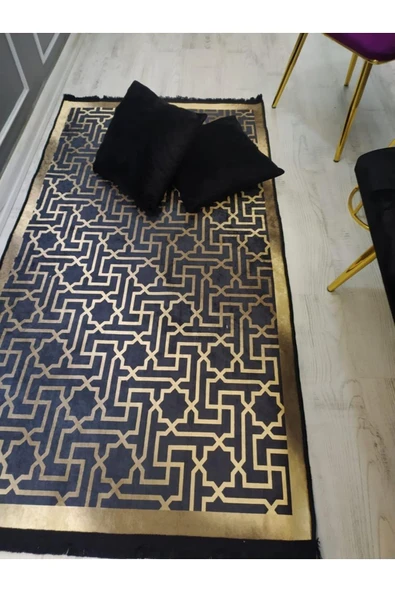 Kaymaz Tabanlı Yıkanabilir Örüntü Desenli Dot Taban Halı Siyah-Gold 100 X 200 - 4