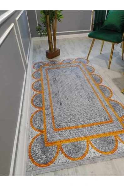Kaymaz Tabanlı Leke Tutmaz Yıkanabilir Gri Renkli Hasır Görünüm Desenli Dot Taban Halı Drk8089-6 GRİ-TURUNCU 140 X 200