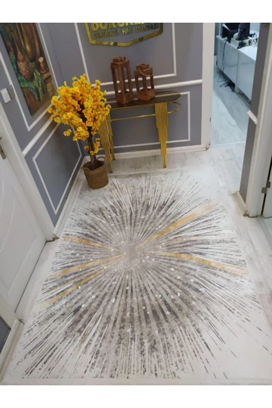 Kaymaz Tabanlı Yıkanabilir Dekoratif Desenli Dot Taban Halı KREM-KAHVE 120 X 180
