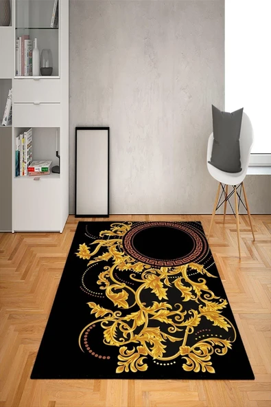 Kaymaz Taban Yıkanabilir Gold Baroque Desenli Dot Taban Halı Siyah 100 X 300