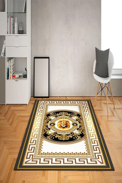 Kaymaz Taban Yıkanabilir Çerçeveli Aslan Göbek Desenli Dot Taban Halı RENKLİ 120 X 180