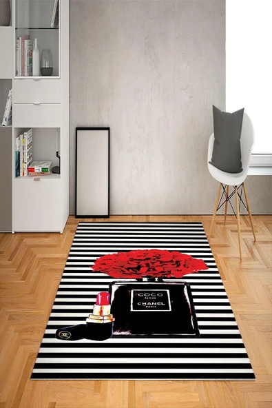 Kaymaz Taban Yıkanabilir Coco Chanel Desenli Dot Taban Halı SİYAH-BEYAZ 140 X 200