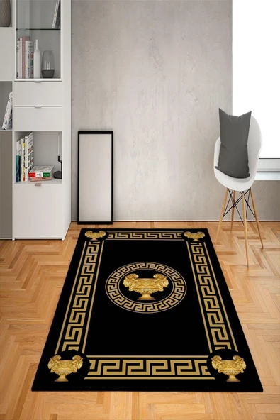 Kaymaz Taban Yıkanabilir Aslanlı Kupa Desenli Dot Taban Halı Siyah 80 X 150