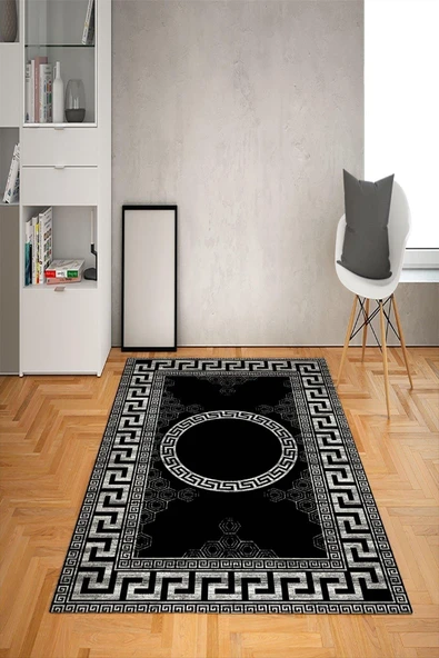 Kaymaz Taban Yıkanabilir Çerçeveli Medusa Desenli Dot Taban Halı Siyah 200 X 300