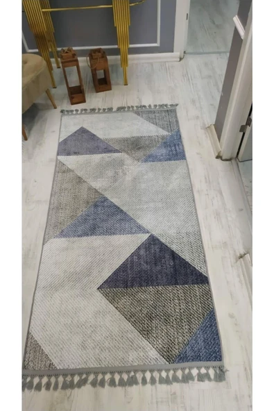 Kaymaz Tabanlı Yıkanabilir Dekoratif Üçgen Desenli Dot Taban Halı GRİ-MAVİ 80 X 200