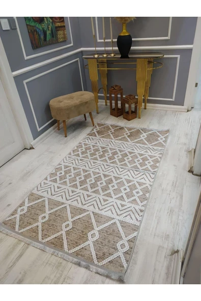 Kaymaz Tabanlı Yıkanabilir Dekoratif Kilim Desenli Dot Taban Halı BEJ-BEYAZ 180 X 280