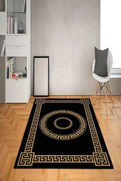 Kaymaz Taban Yıkanabilir Dekoratif Çeçeveli  Desenli Dot Taban Halı Siyah 180 X 280
