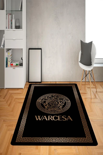 Kaymaz Taban Yıkanabilir Gold Geçişli Medusa Kafası Desenli Dot Taban Halı Siyah 200 X 300