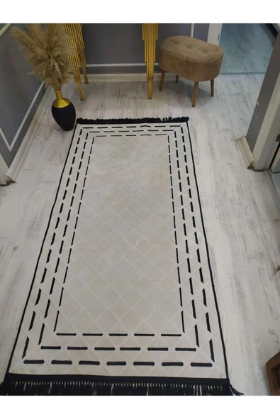 Kaymaz Tabanlı Yıkanabilir Dekoratif Modern Desenli Dot Taban Halı SİYAH-BEYAZ 200 X 300