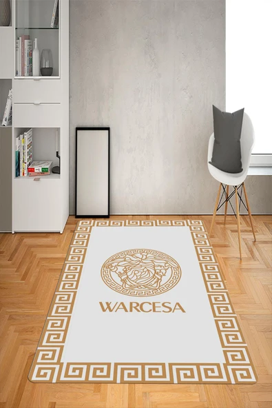 Kaymaz Taban Yıkanabilir Gold Çerçeveli Medusa Desenli Dot Taban Halı Beyaz-Gold 80 X 200