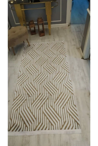 Kaymaz Tabanlı Yıkanabilir Dekoratif Modern Desenli Dot Taban Halı KAHVE-BEYAZ 100 X 200