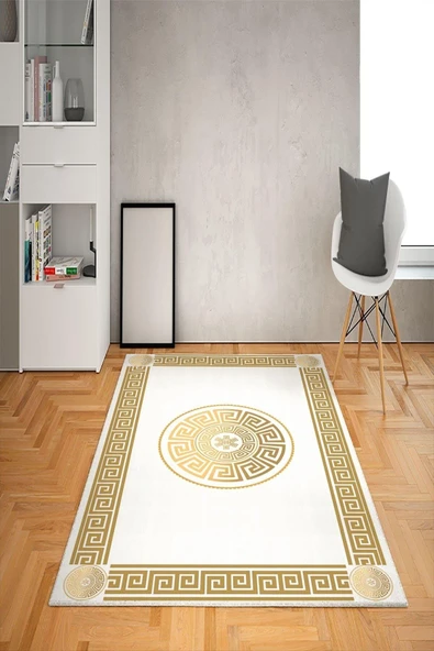 Kaymaz Taban Yıkanabilir Dekoratif Çerçeveli Dot Taban Halı Beyaz-Gold 80 X 200