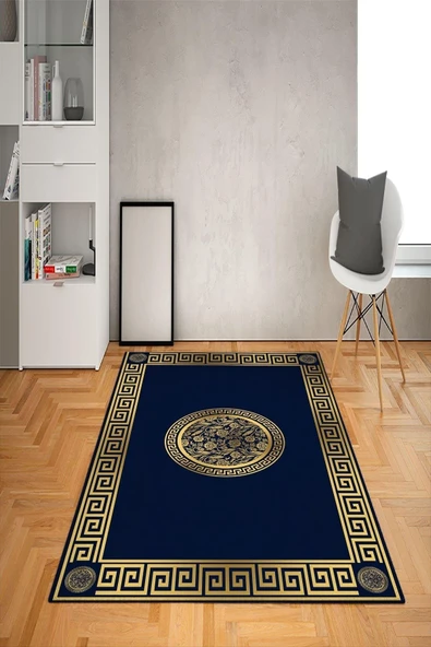 Kaymaz Taban Yıkanabilir Lacivert Gold Çerçeveli Desenli Dot Taban Halı Gold 180 X 280