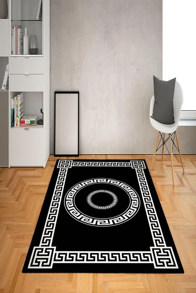 Kaymaz Taban Yıkanabilir Dekoratif Çeçeveli Desenli Dot Taban Halı Siyah 140 X 200