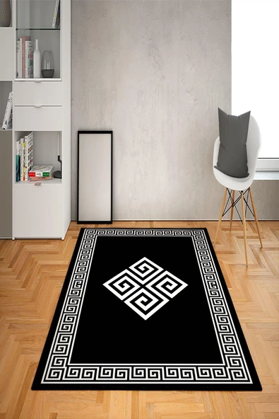 Kaymaz Taban Yıkanabilir Dekoratif Modern Desenli Dot Taban Halı Siyah 100 X 300