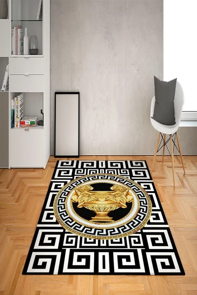Kaymaz Taban Yıkanabilir Gold Aslan Kupa Medusa Desenli Dot Taban Halı Siyah 100 X 300