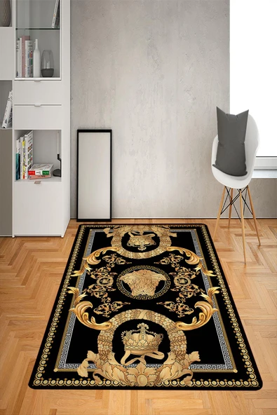 Kaymaz Taban Yıkanabilir Gold Baroque Medusa Desenli Dot Taban Halı Siyah 80 X 200