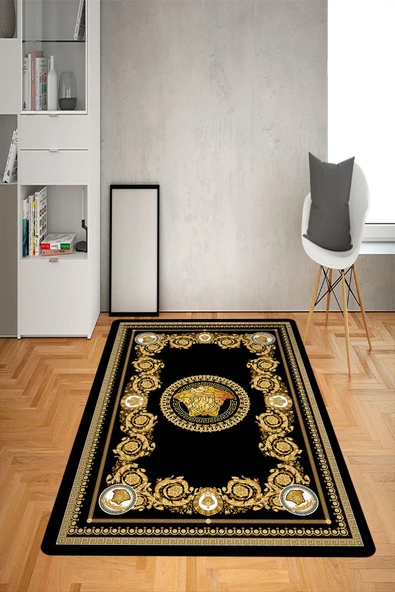 Kaymaz Taban Yıkanabilir Gold Baroque Modern Medusa Desenli Dot Taban Halı Siyah 160 X 230