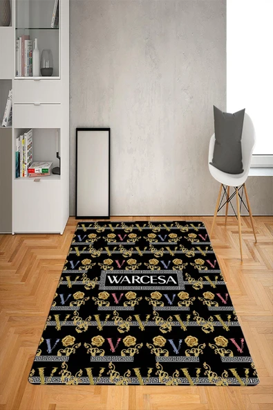 Kaymaz Taban Yıkanabilir Dekoratif Baroque Medusa Desenli Dot Taban Halı Siyah 180 X 280