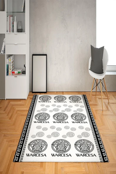 Kaymaz Taban Yıkanabilir Medusa Desenli Dot Taban Halı SİYAH-BEYAZ 80 X 300