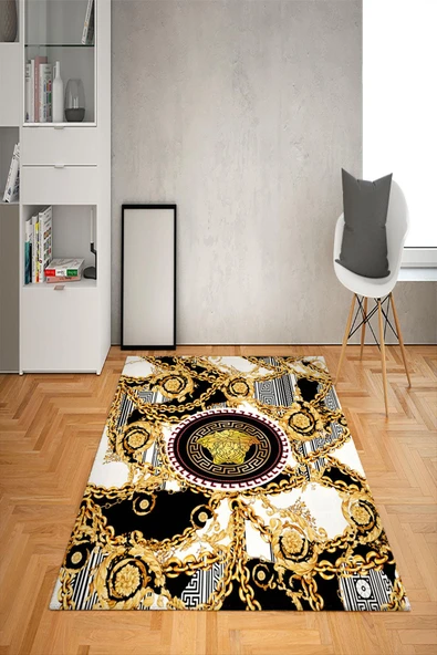 Kaymaz Taban Yıkanabilir Gold Baroque Medusa Desenli Dot Taban Halı RENKLİ 100 X 300