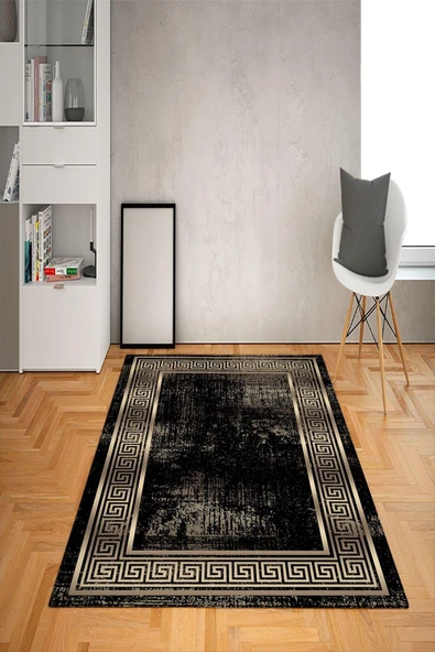 Kaymaz Taban Yıkanabilir Dekoratif Modern Desenli Dot Taban Halı Siyah 140 X 200