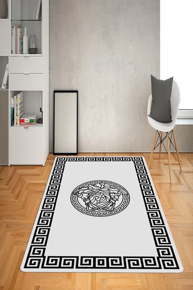 Kaymaz Taban Yıkanabilir Modern Dekoratif Medusa Desenli Dot Taban Halı SİYAH-BEYAZ 180 X 280