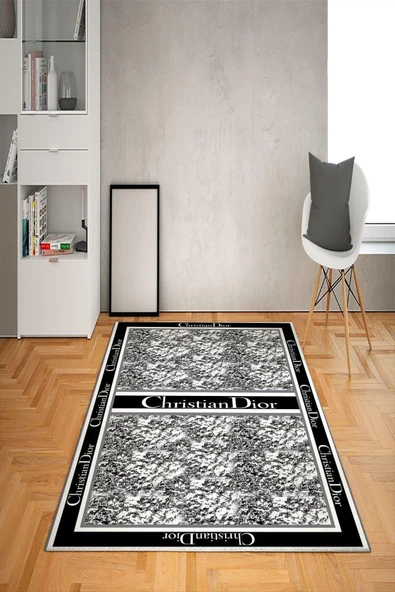 Kaymaz Taban Yıkanabilir Dekoratif Dior Desenli Dot Taban Halı Siyah 100 X 200