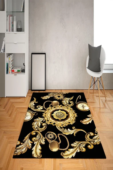 Kaymaz Taban Yıkanabilir Gold Baroque Pusula Desenli Dot Taban Halı Siyah 140 X 200