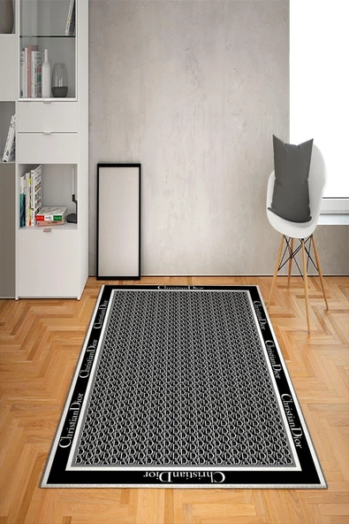 Kaymaz Taban Yıkanabilir Dekoratif Dior Desenli Dot Taban Halı Siyah 120 X 180