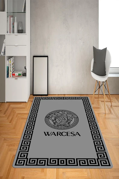 Kaymaz Taban Yıkanabilir Dekoratif Çerçeveli Medusa Desenli Dot Taban Halı Siyah 140 X 200