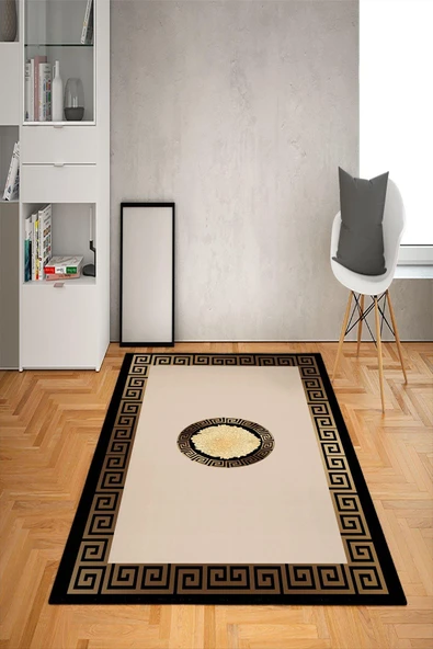 Kaymaz Taban Yıkanabilir Çerçeveli Modern Desenli Dot Taban Halı Siyah 140 X 200
