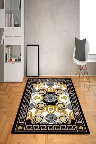 Kaymaz Taban Yıkanabilir Golden Baroque Kupa Aslan Medusa Desenli Dot Taban Halı Siyah 80 X 200