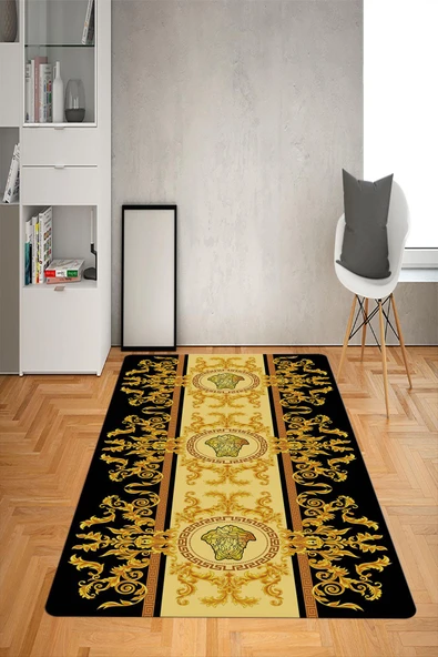 Kaymaz Taban Yıkanabilir Gold Baroque Medusa Desenli Dot Taban Halı Siyah 80 X 200