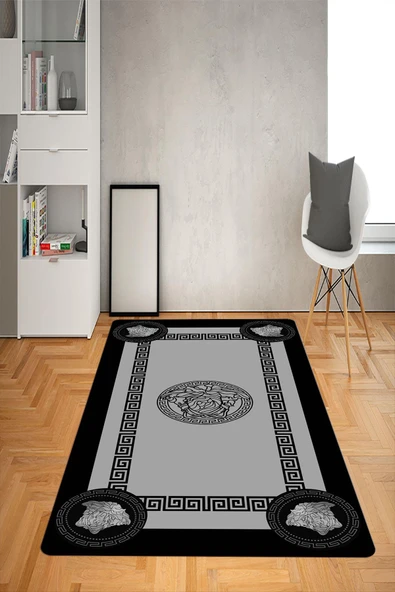 Kaymaz Taban Yıkanabilir Çerçeveli Medusa Desenli Dot Taban Halı Siyah 80 X 200
