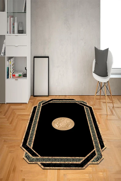 Kaymaz Taban Yıkanabilir Lazer Kesim Medusa Desenli Dot Taban Halı Siyah 80 X 150