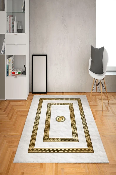 Kaymaz Taban Yıkanabilir Çerçeveli Tüy Desenli Dot Taban Halı Beyaz-Gold 80 X 200