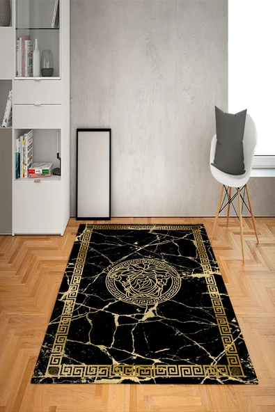 Kaymaz Taban Yıkanabilir Çerçeveli Granitli Medusa Desenli Dot Taban Halı Siyah 80 X 300