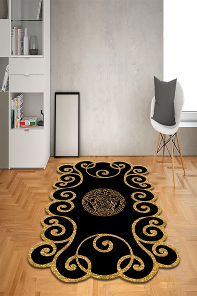 Kaymaz Taban Yıkanabilir Lazer Kesim Medusa Desenli Dot Taban Halı Siyah 80 X 200