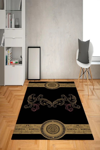 Kaymaz Taban Yıkanabilir Gold Medusa Desenli Dot Taban Halı Siyah 100 X 300