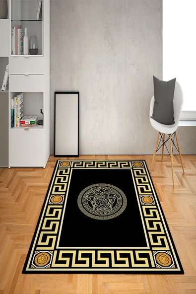 Kaymaz Taban Yıkanabilir Çerçeveli Medusa Desenli Dot Taban Halı Siyah 80 X 300