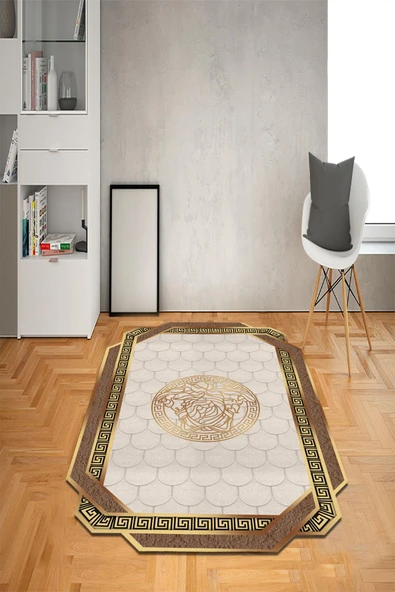 Kaymaz Taban Yıkanabilir Lazer Kesim Medusa Desenli Dot Taban Halı Vizon 100 X 200