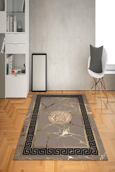 Kaymaz Taban Yıkanabilir Granitli Çerçeveli Medusa Desenli Dot Taban Halı EKRU 200 X 300