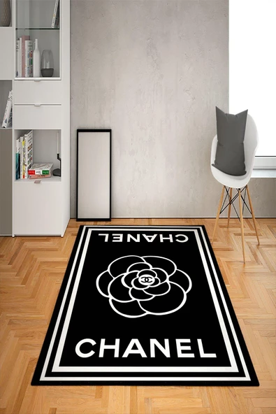 Kaymaz Taban Yıkanabilir Dekoratif Modern Çiçek Desenli Dot Taban Halı Siyah 80 X 200