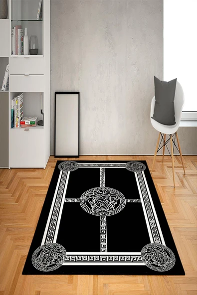 Kaymaz Taban Yıkanabilir Dekoratif Modern Medusa Desenli Dot Taban Halı Siyah 160 X 230