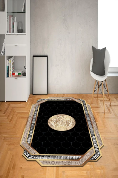 Kaymaz Taban Yıkanabilir Lazer Kesim Medusa Desenli Dot Taban Halı Siyah 100 X 300