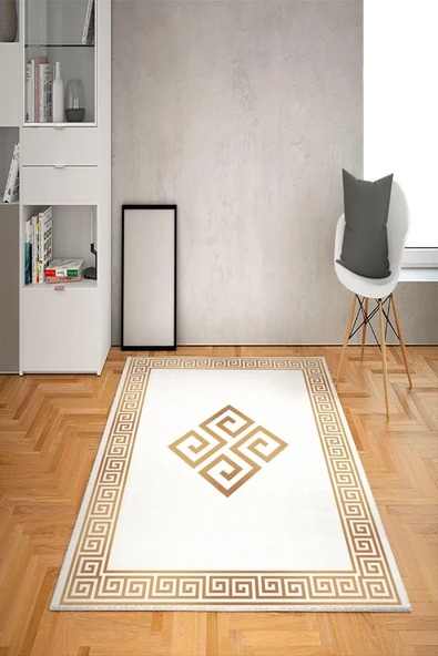 Kaymaz Taban Yıkanabilir Modern Dekoratif Desenli Dot Taban Halı Beyaz-Gold 200 X 300